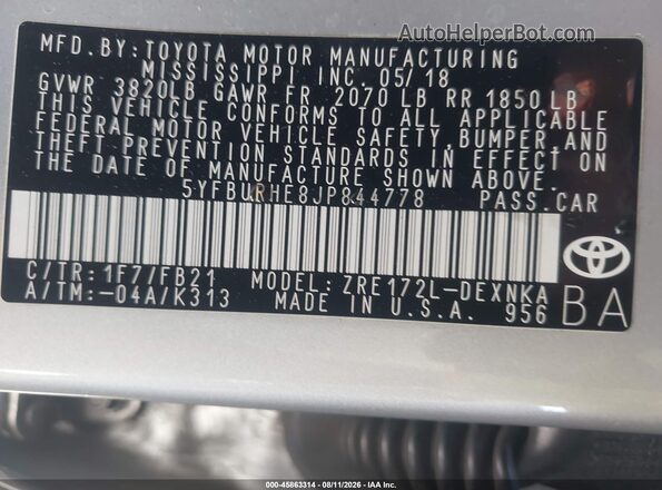 5YFBURHE8JP844778 2018 TOYOTA COROLLA Silver Вид підкапотного простору