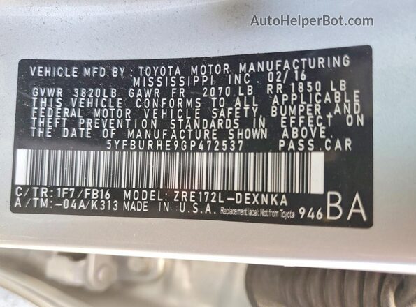 5YFBURHE9GP472537 2016 TOYOTA COROLLA Серебряный Вид наклейки с VIN-кодом