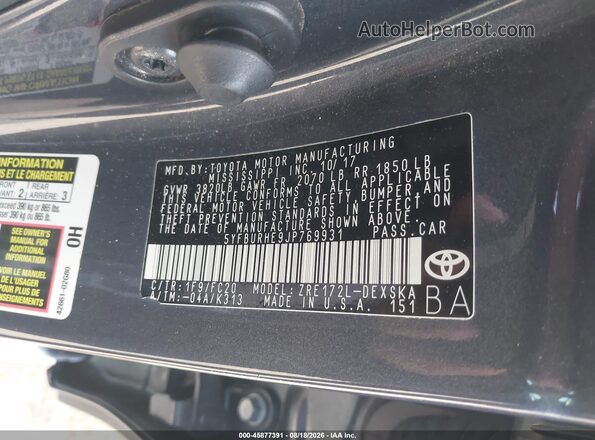 5YFBURHE9JP769931 2018 TOYOTA COROLLA Серый Вид подкапотного пространства