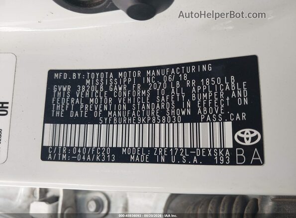 5YFBURHE9KP858030 2019 TOYOTA COROLLA Белый Вид подкапотного пространства