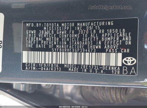 5YFBURHEXGP394673 2016 TOYOTA COROLLA Blue Вид підкапотного простору