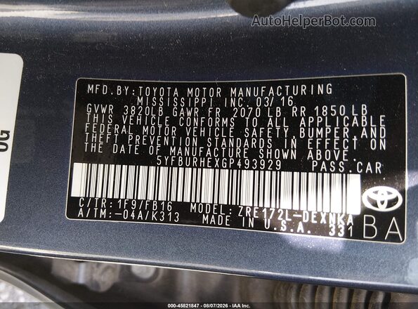 5YFBURHEXGP493929 2016 TOYOTA COROLLA Blue Engine compartment view