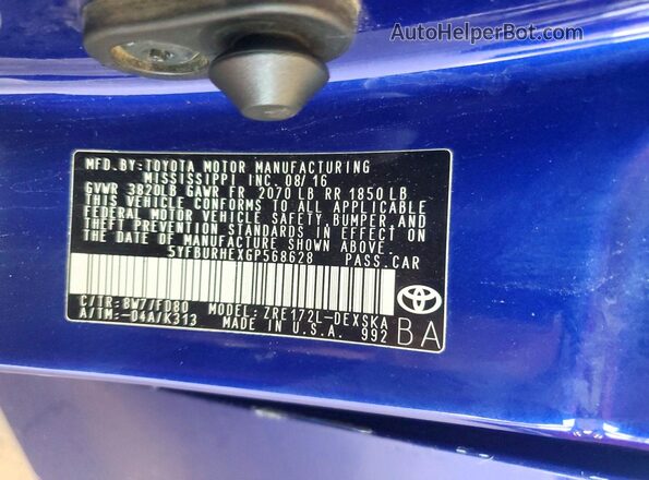 5YFBURHEXGP568628 2016 TOYOTA COROLLA Blue VIN კოდის სტიკერის ხედი