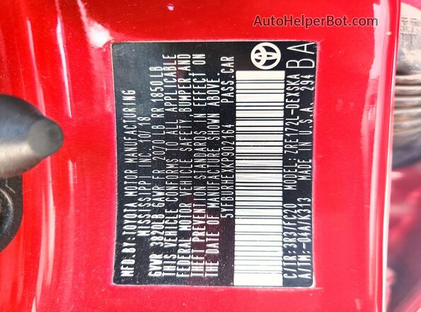 5YFBURHEXKP902164 2019 TOYOTA COROLLA Red Вид наклейки з VIN-кодом