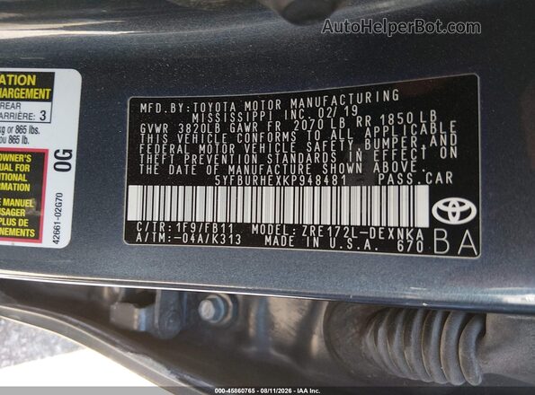5YFBURHEXKP948481 2019 TOYOTA COROLLA Gray Widok komory silnika