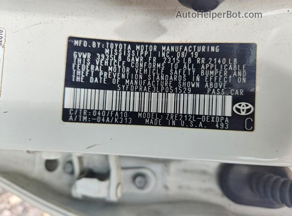 5YFDPRAE3LP051529 2020 TOYOTA COROLLA Белый Вид подкапотного пространства
