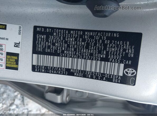 5YFDPRAE3LP077029 2020 TOYOTA COROLLA Silver Widok komory silnika