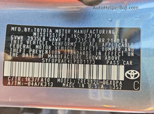 5YFDPRAE4LP001173 2020 TOYOTA COROLLA Blue Вид підкапотного простору