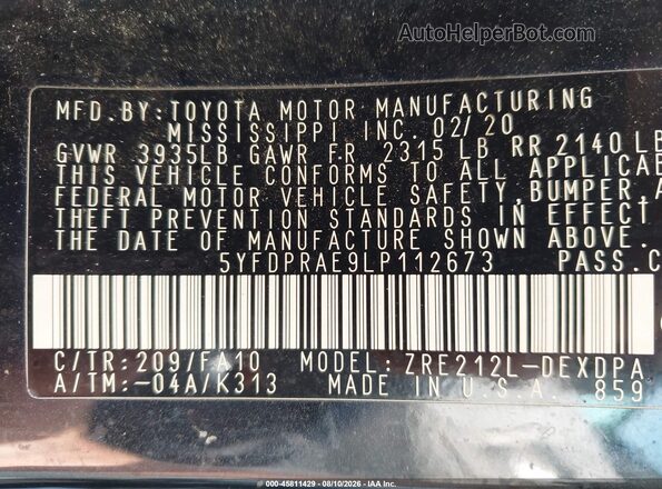 5YFDPRAE9LP112673 2020 TOYOTA COROLLA Black Շարժիչի բաժամունքի տեսք