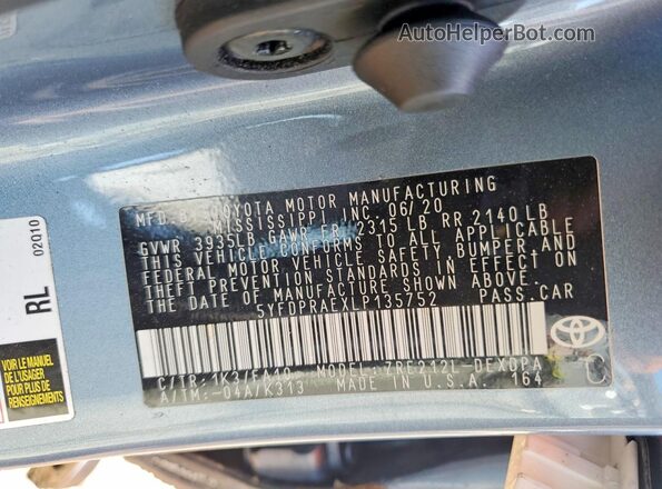 5YFDPRAEXLP135752 2020 TOYOTA COROLLA Blue Vista de la etiqueta del VIN