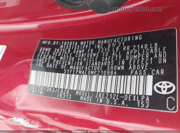 5YFEPMAE0MP210984 2021 TOYOTA COROLLA Red ძრავის განყოფილების ხედი
