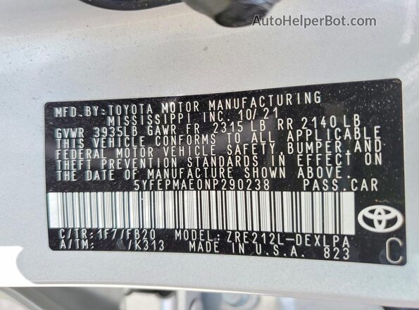 5YFEPMAE0NP290238 2022 TOYOTA COROLLA Серебряный Вид подкапотного пространства