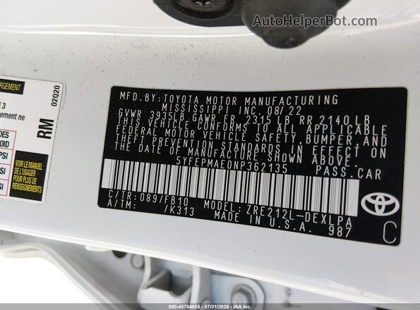 5YFEPMAE0NP362135 2022 TOYOTA COROLLA White ძრავის განყოფილების ხედი