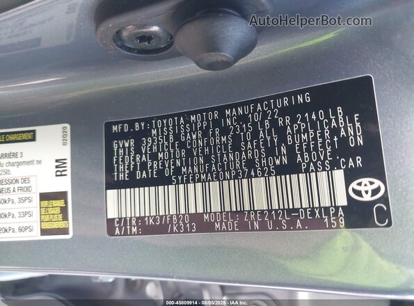 5YFEPMAE0NP374625 2022 TOYOTA COROLLA Gray Շարժիչի բաժամունքի տեսք