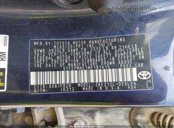 5YFEPMAE1MP181415 2021 TOYOTA COROLLA Blue Вид підкапотного простору