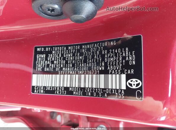 5YFEPMAE1MP216731 2021 TOYOTA COROLLA Red Vista del compartimento del motor