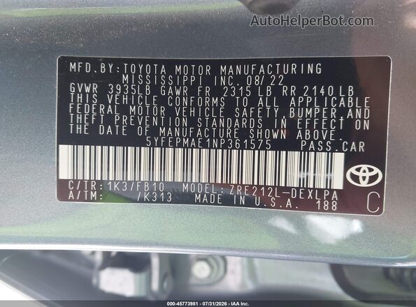 5YFEPMAE1NP361575 2022 TOYOTA COROLLA Silver ძრავის განყოფილების ხედი