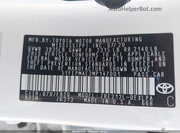 5YFEPMAE2MP147001 2021 TOYOTA COROLLA White Engine compartment view