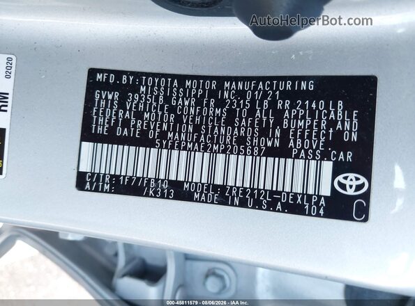 5YFEPMAE2MP205687 2021 TOYOTA COROLLA Silver Engine compartment view