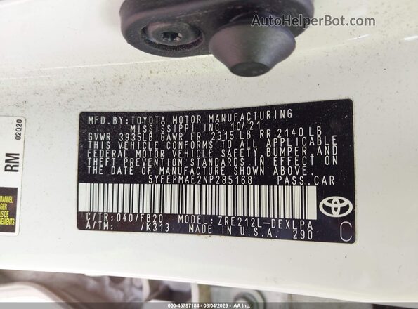 5YFEPMAE2NP285168 2022 TOYOTA COROLLA Белый Вид подкапотного пространства