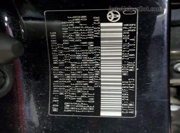 5YFEPMAE2NP324230 2022 TOYOTA COROLLA Black Vista de la etiqueta del VIN