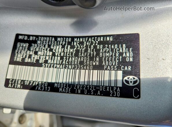5YFEPMAE2NP325460 2022 TOYOTA COROLLA Silver Вид підкапотного простору