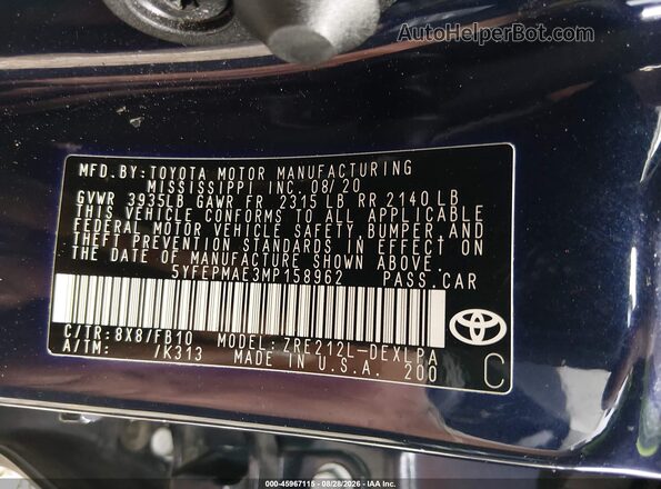 5YFEPMAE3MP158962 2021 TOYOTA COROLLA Blue Вид підкапотного простору