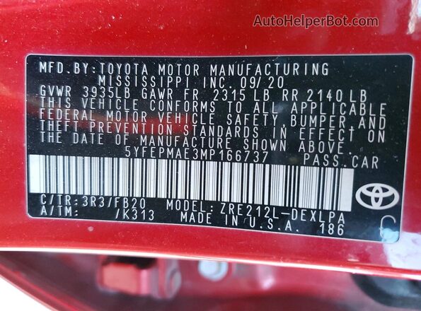 5YFEPMAE3MP166737 2021 TOYOTA COROLLA Red Vista de la etiqueta del VIN
