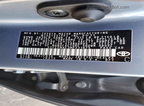 5YFEPMAE3MP211675 2021 TOYOTA COROLLA Blue Вид підкапотного простору