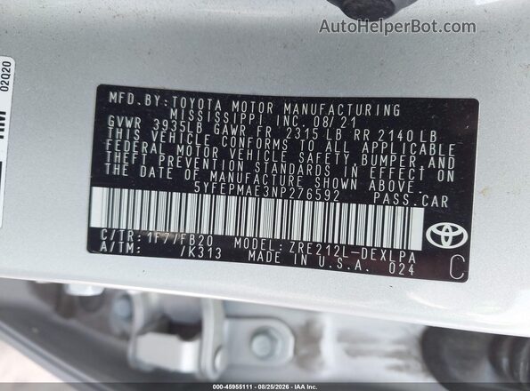 5YFEPMAE3NP276592 2022 TOYOTA COROLLA Silver Շարժիչի բաժամունքի տեսք