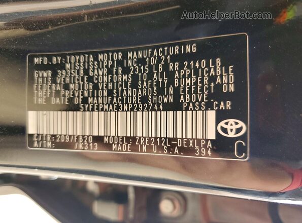 5YFEPMAE3NP292744 2022 TOYOTA COROLLA Black VIN կոդի պիտակի տեսք