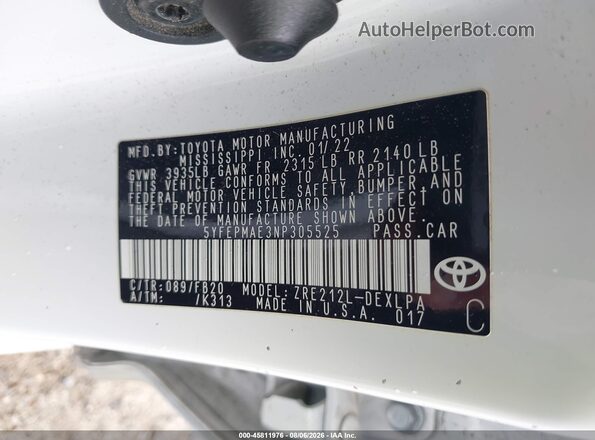 5YFEPMAE3NP305525 2022 TOYOTA COROLLA White Շարժիչի բաժամունքի տեսք