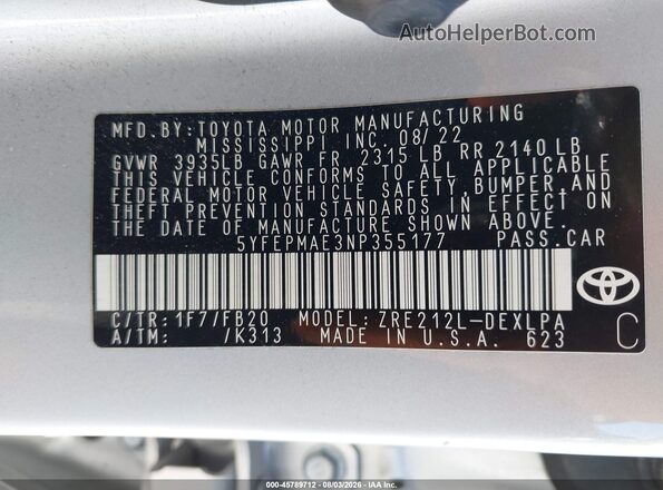 5YFEPMAE3NP355177 2022 TOYOTA COROLLA Серебряный Вид подкапотного пространства
