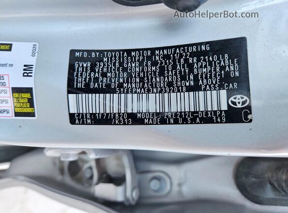 5YFEPMAE3NP392018 2022 TOYOTA COROLLA Gray Vista del compartimento del motor