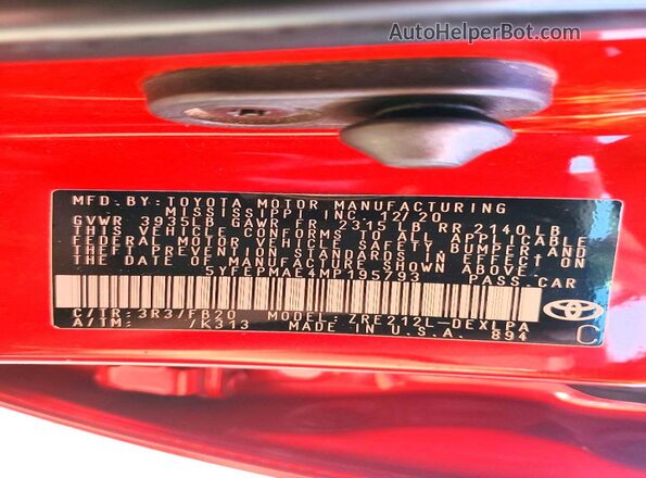 5YFEPMAE4MP195793 2021 TOYOTA COROLLA Red ძრავის განყოფილების ხედი