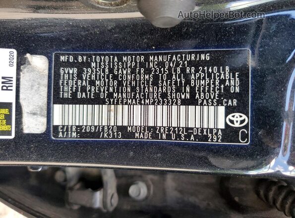 5YFEPMAE4MP233328 2021 TOYOTA COROLLA Black Вид підкапотного простору