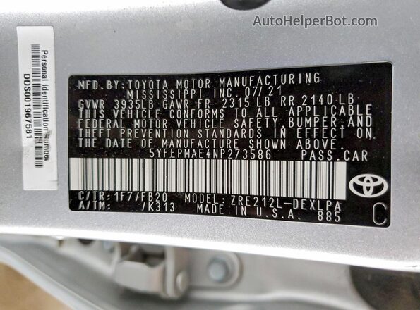 5YFEPMAE4NP273586 2022 TOYOTA COROLLA Silver Engine compartment view
