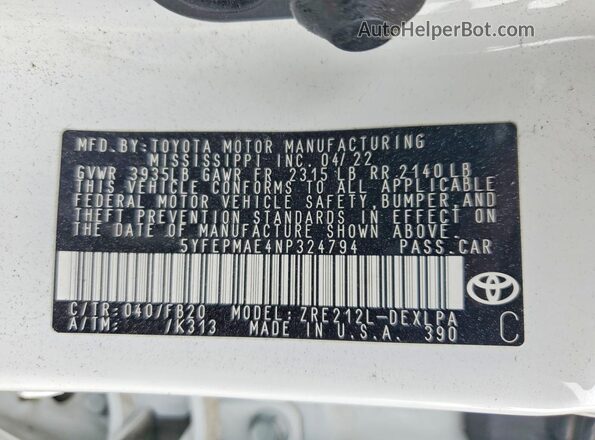 5YFEPMAE4NP324794 2022 TOYOTA COROLLA White Вид підкапотного простору