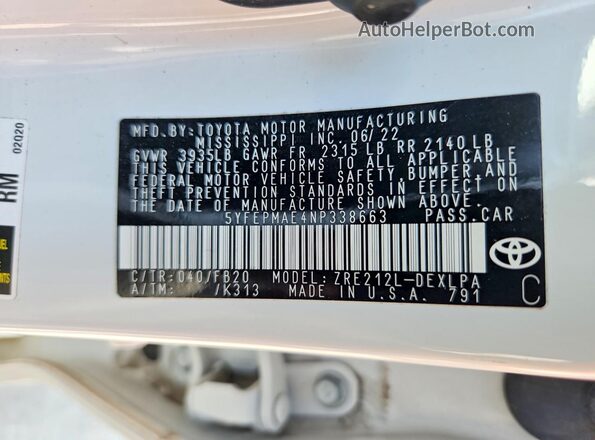 5YFEPMAE4NP338663 2022 TOYOTA COROLLA White Widok komory silnika