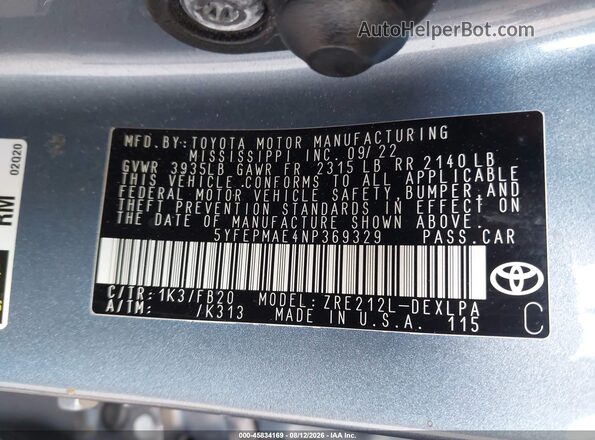 5YFEPMAE4NP369329 2022 TOYOTA COROLLA Blue Vista del compartimento del motor