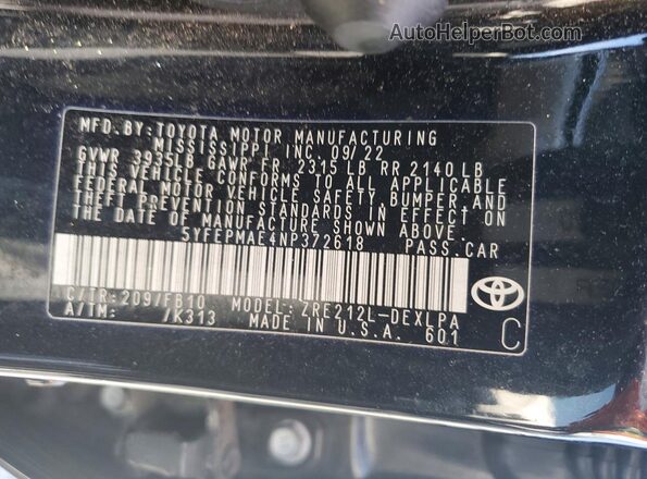 5YFEPMAE4NP372618 2022 TOYOTA COROLLA Black Widok komory silnika