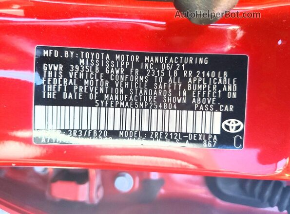 5YFEPMAE5MP254804 2021 TOYOTA COROLLA Red Vista de la etiqueta del VIN