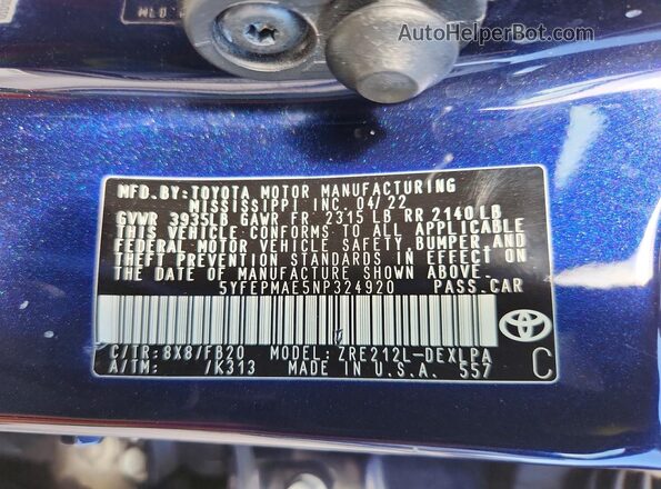 5YFEPMAE5NP324920 2022 TOYOTA COROLLA Blue Вид підкапотного простору