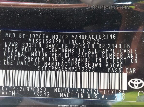 5YFEPMAE5NP342379 2022 TOYOTA COROLLA Black Widok komory silnika