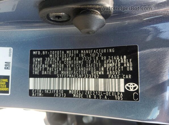 5YFEPMAE5NP373762 2022 TOYOTA COROLLA Gray ძრავის განყოფილების ხედი