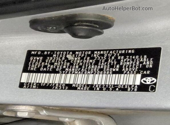 5YFEPMAE6MP206986 2021 TOYOTA COROLLA Серебряный Вид подкапотного пространства