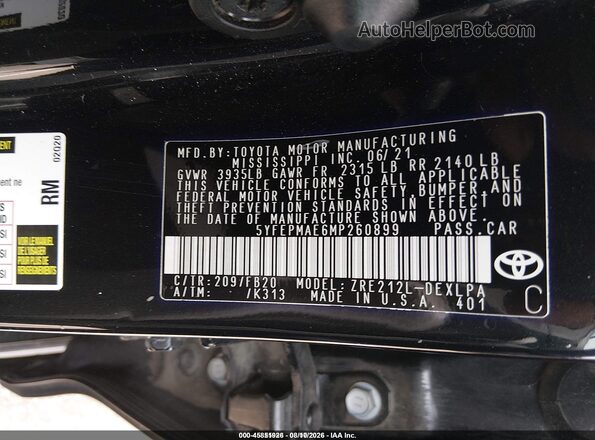 5YFEPMAE6MP260899 2021 TOYOTA COROLLA Black Вид наклейки з VIN-кодом