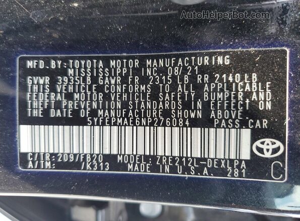5YFEPMAE6NP276084 2022 TOYOTA COROLLA Black Vista de la etiqueta del VIN