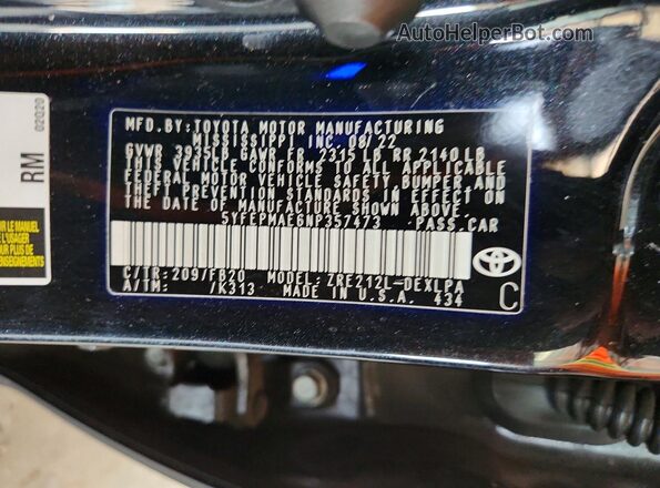 5YFEPMAE6NP357473 2022 TOYOTA COROLLA Black Vista de la etiqueta del VIN