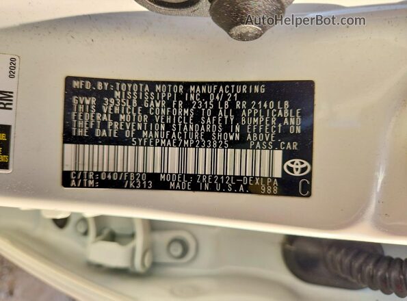 5YFEPMAE7MP233825 2021 TOYOTA COROLLA White VIN կոդի պիտակի տեսք